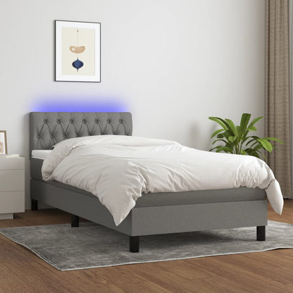 Dark Grey Fabric Box Spring Bed with Mattress LED Pocket Spring