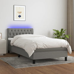Dark Grey Fabric Box Spring Bed with Mattress LED Pocket Spring