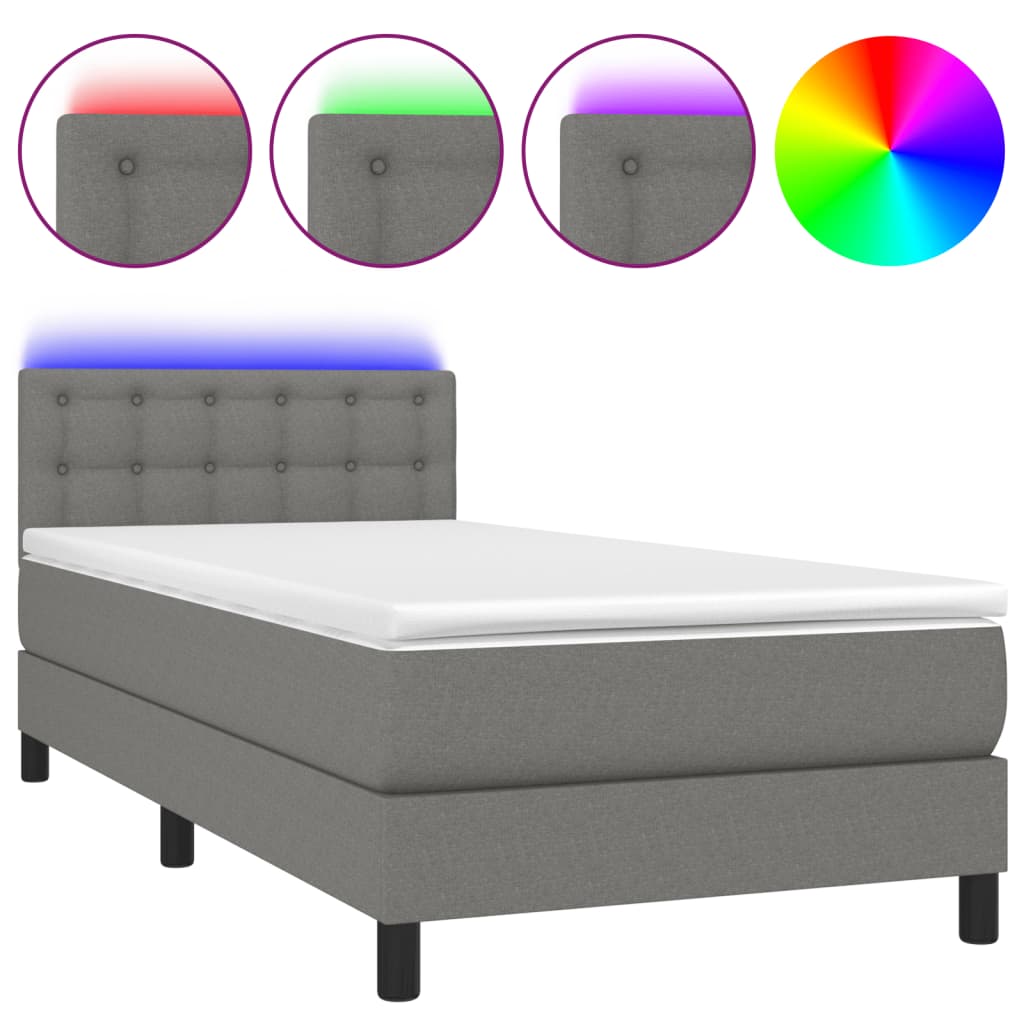 Queen Size Box Spring Bed with Mattress and LED USB Strip Dark Grey