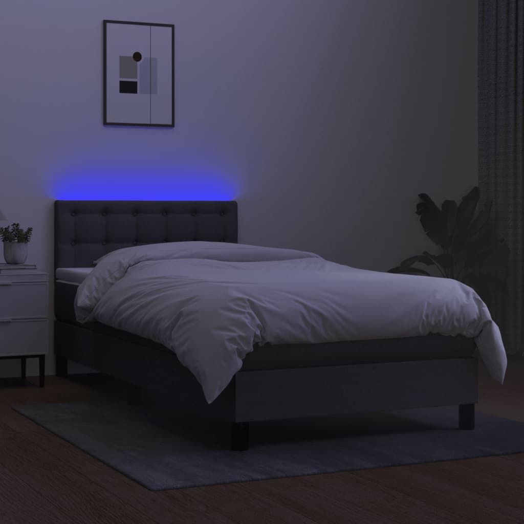 Queen Size Box Spring Bed with Mattress and LED USB Strip Dark Grey