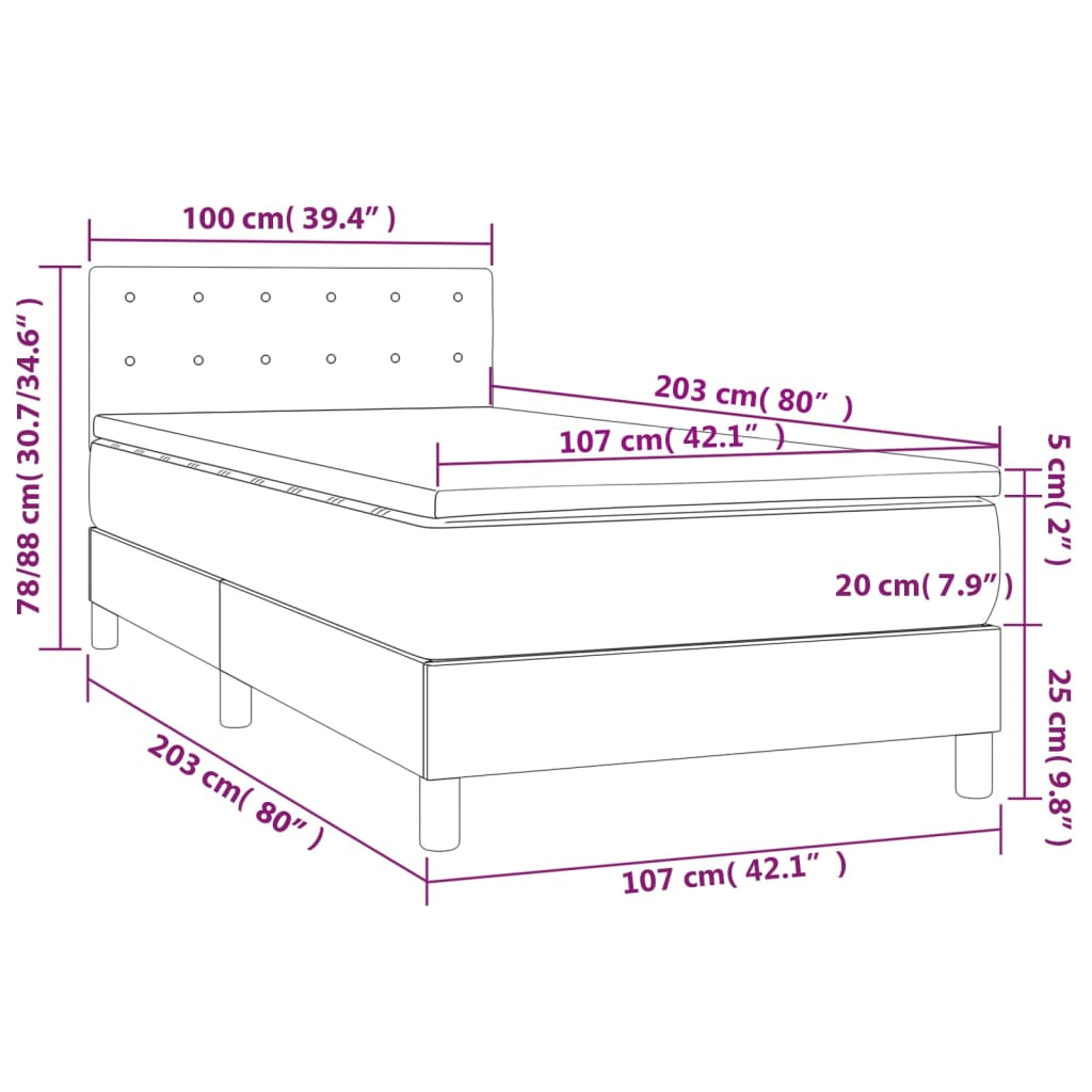 Queen Size Box Spring Bed with Mattress and LED USB Strip Dark Grey