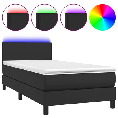Black Faux Leather Box Spring Bed with Mattress LED Pocket Spring