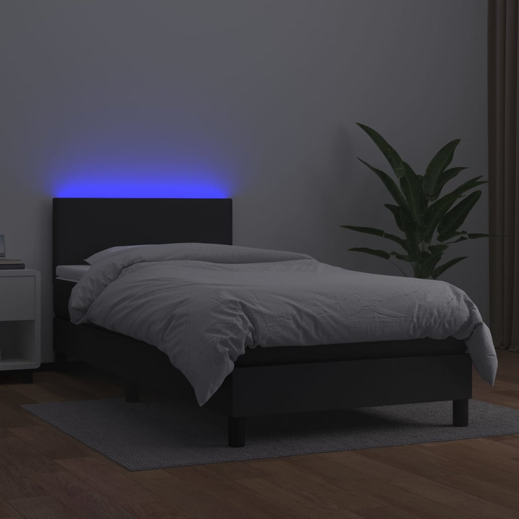 Black Faux Leather Box Spring Bed with Mattress LED Pocket Spring