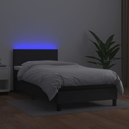 Black Faux Leather Box Spring Bed with Mattress LED Pocket Spring