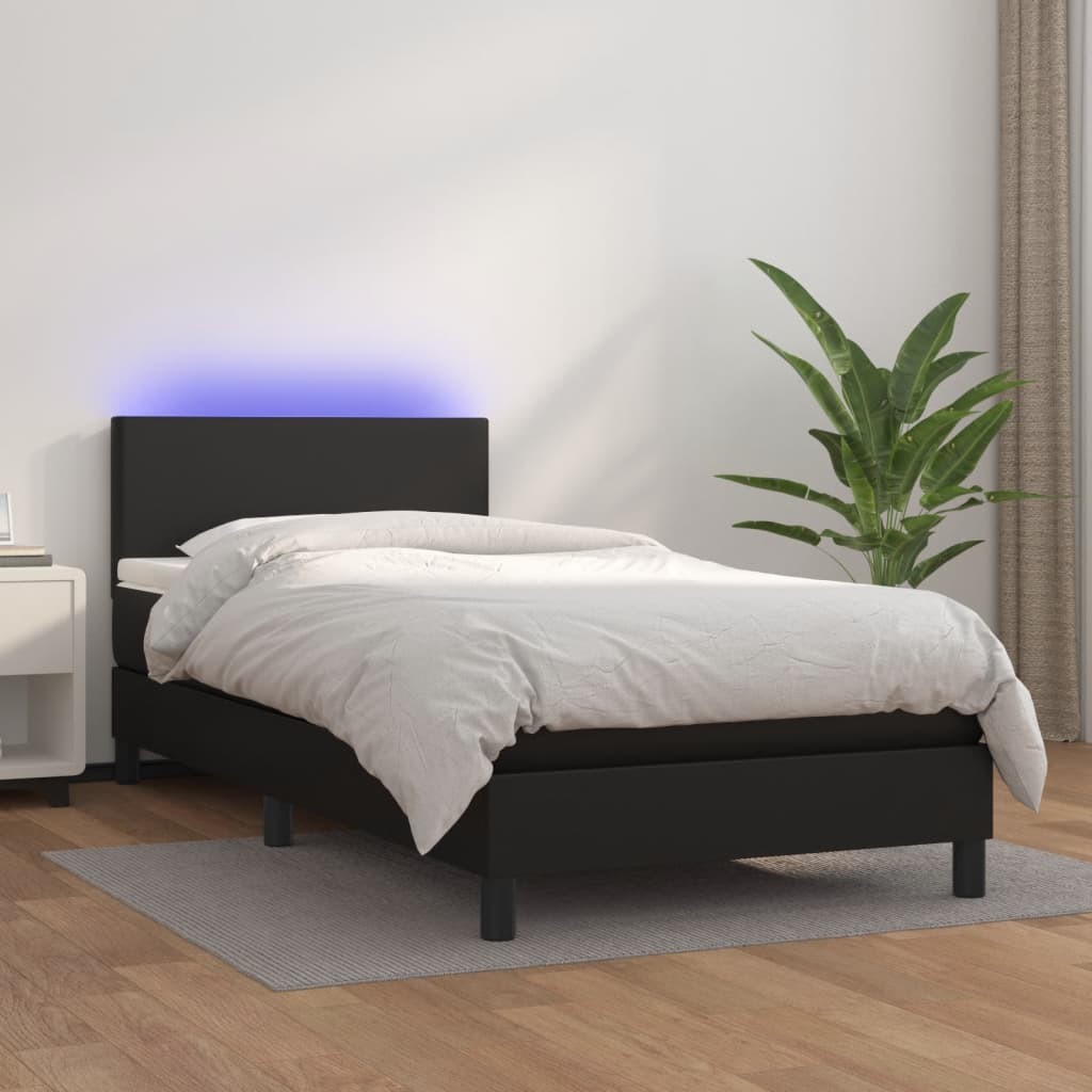 Black Faux Leather Box Spring Bed with Mattress LED Pocket Spring