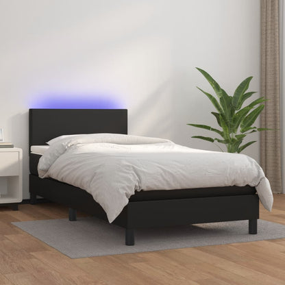 Black Faux Leather Box Spring Bed with Mattress LED Pocket Spring