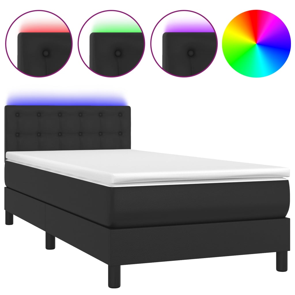 Black Faux Leather Box Spring Bed with Mattress LED Lights Pocket Spring Support
