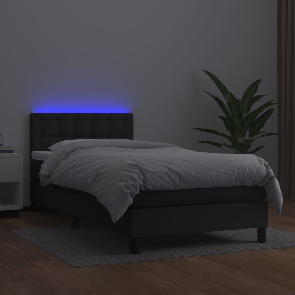 Black Faux Leather Box Spring Bed with Mattress LED Lights Pocket Spring Support