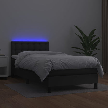 Black Faux Leather Box Spring Bed with Mattress LED Lights Pocket Spring Support