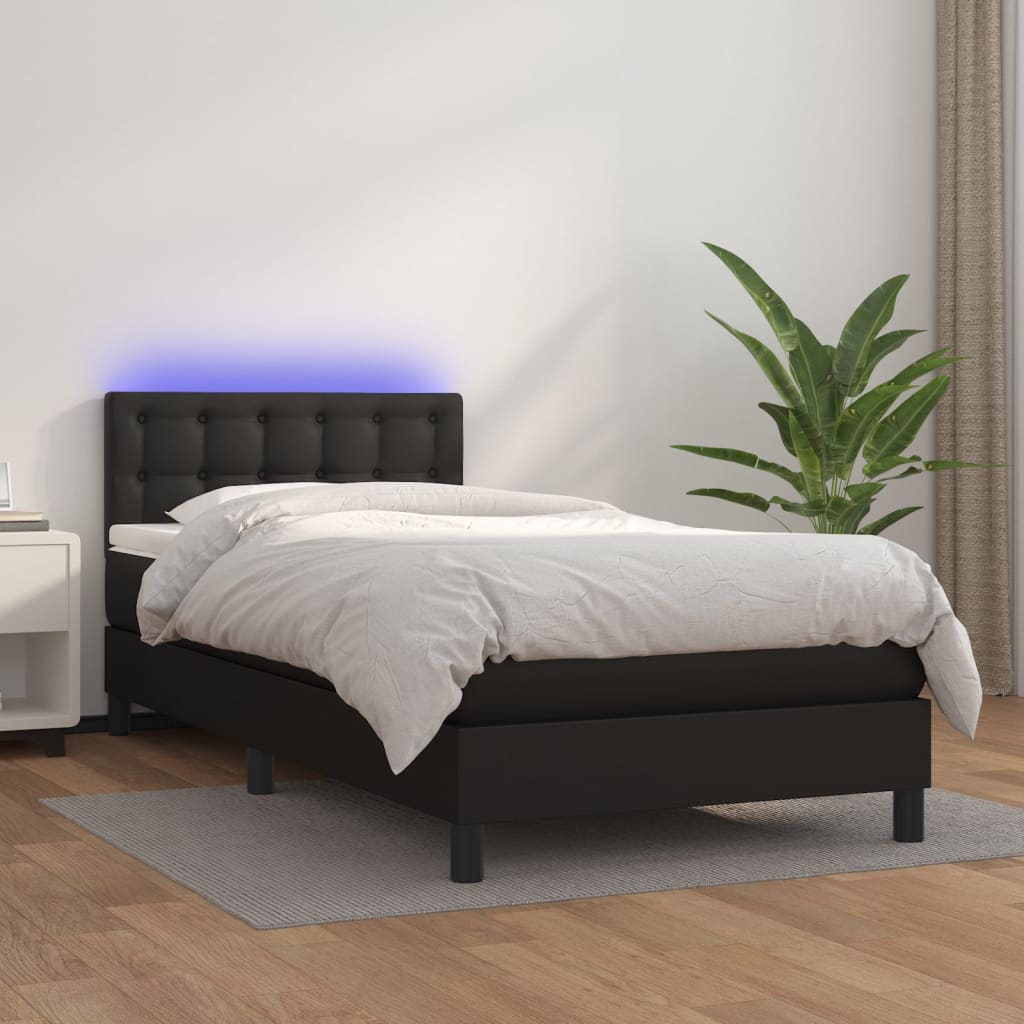 Black Faux Leather Box Spring Bed with Mattress LED Lights Pocket Spring Support