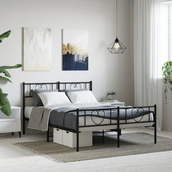 Metal Bed Frame with Headboard and Footboard-Black Queen