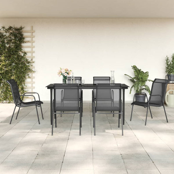  Modern Dining Marvel: 7-Piece Steel and Textilene Garden Dining Set in Sleek Black