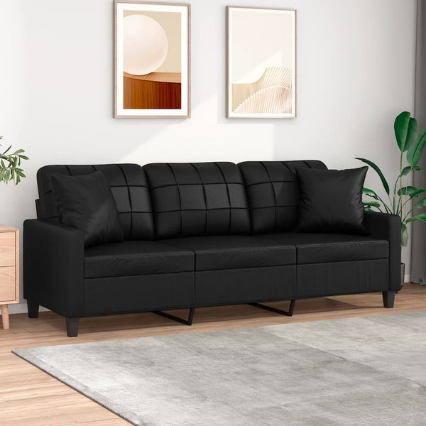  3-Seater Sofa with Throw Pillows Black Faux Leather