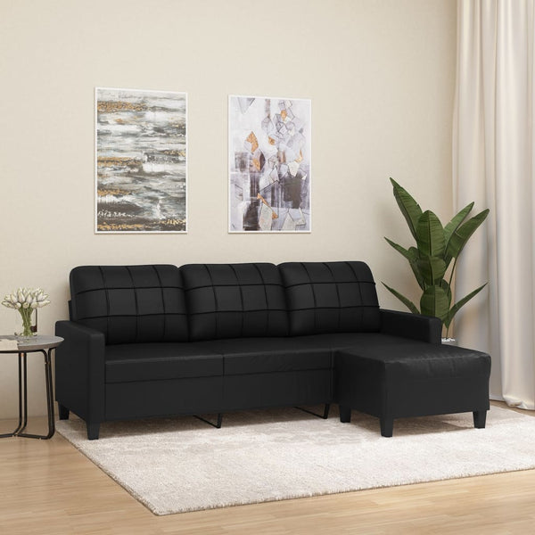  3 Seater Sofa with Footstool Black Faux Leather