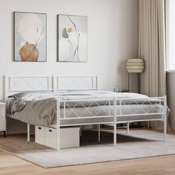 Modern Tranquility: White Metal Bed Frame with Headboard Queen Size
