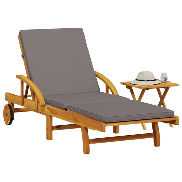  Sun Lounger with Cushion and Table Solid Wood Acacia