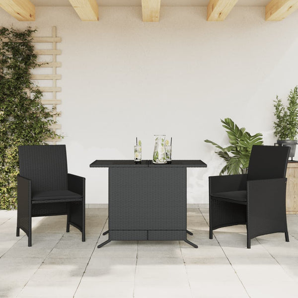  3 Piece Bistro Set with Cushions Black Poly Rattan