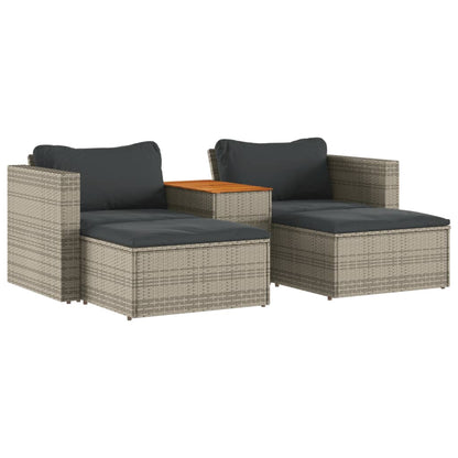 5 Piece Garden Sofa Set with Cushions Grey Poly Rattan Acacia - 80×70×59.5cm