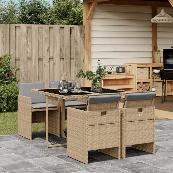  5 Piece Garden Dining Set with Cushions Mix Beige Poly Rattan