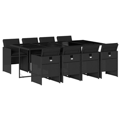 9 Piece Garden Dining Set with Cushions Black Poly Rattan - 220×106×73cm