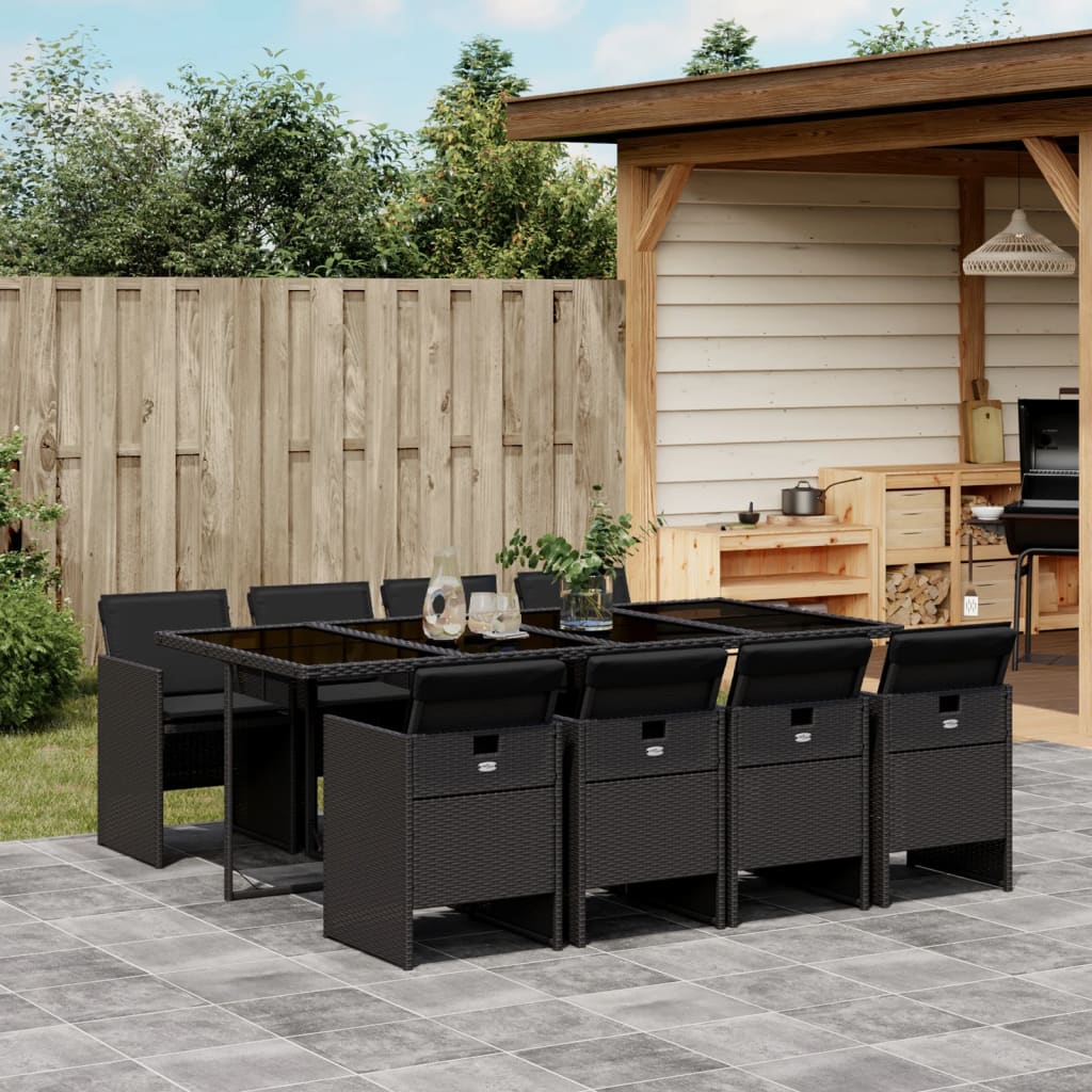 9 Piece Garden Dining Set with Cushions Black Poly Rattan - 220×106×73cm