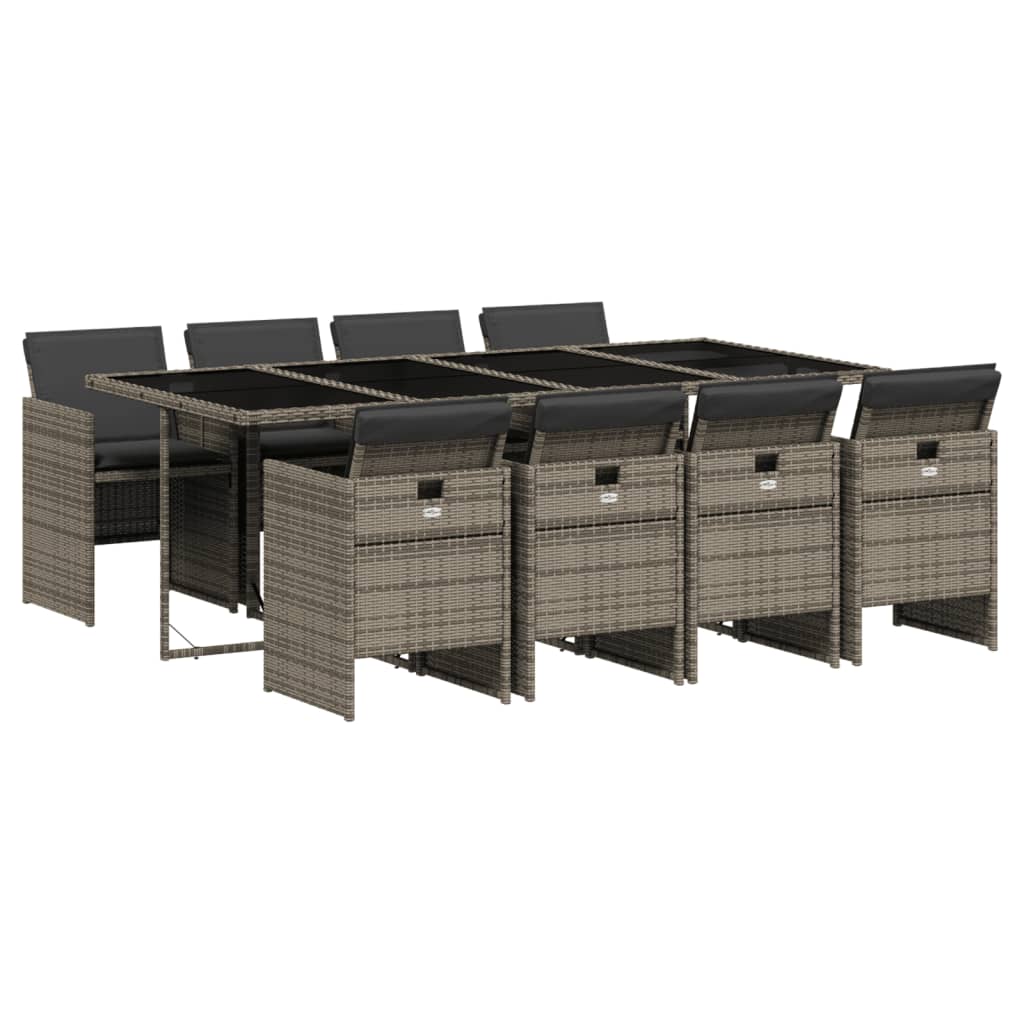 9 Piece Garden Dining Set with Cushions Grey Poly Rattan - 220×106×73cm