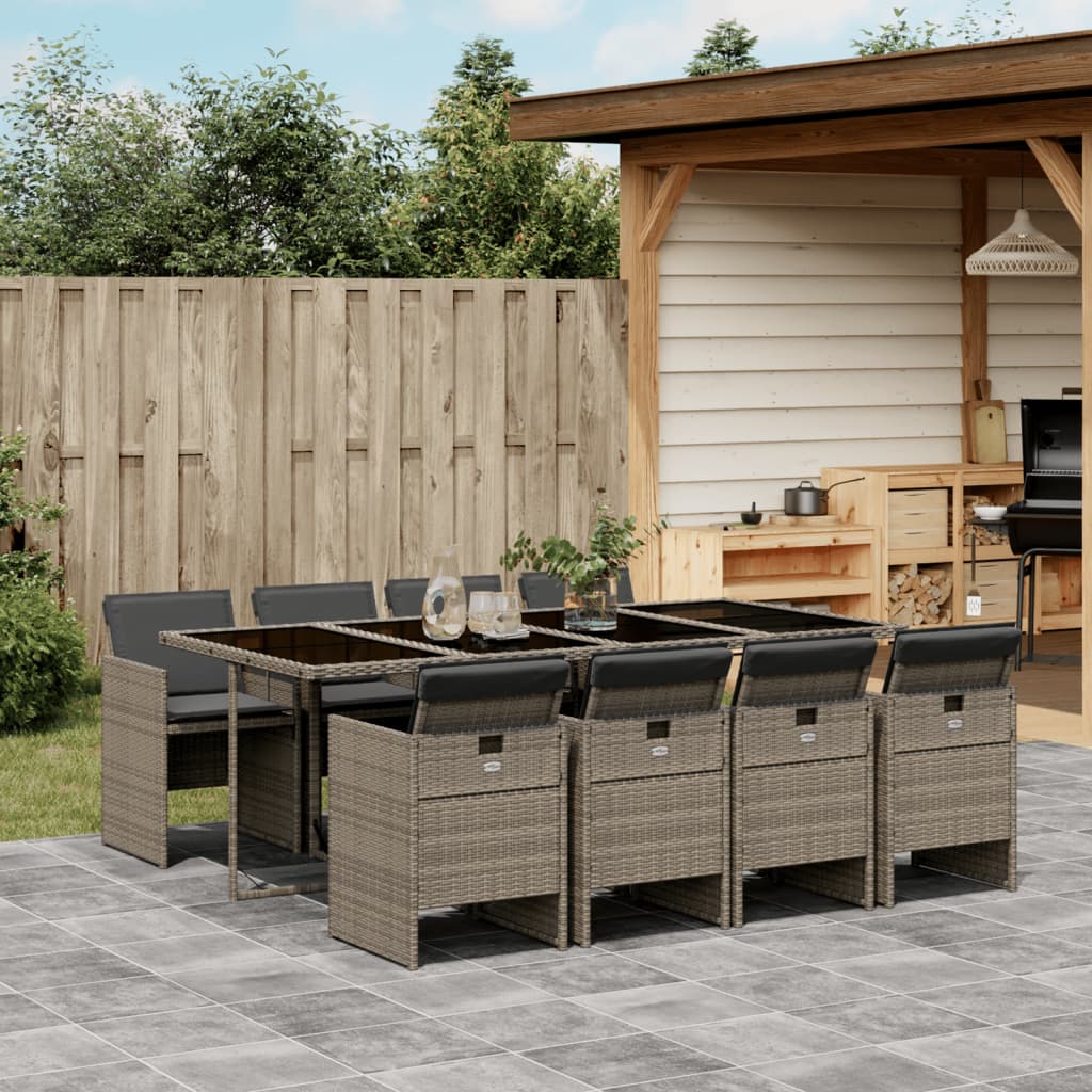 9 Piece Garden Dining Set with Cushions Grey Poly Rattan - 220×106×73cm