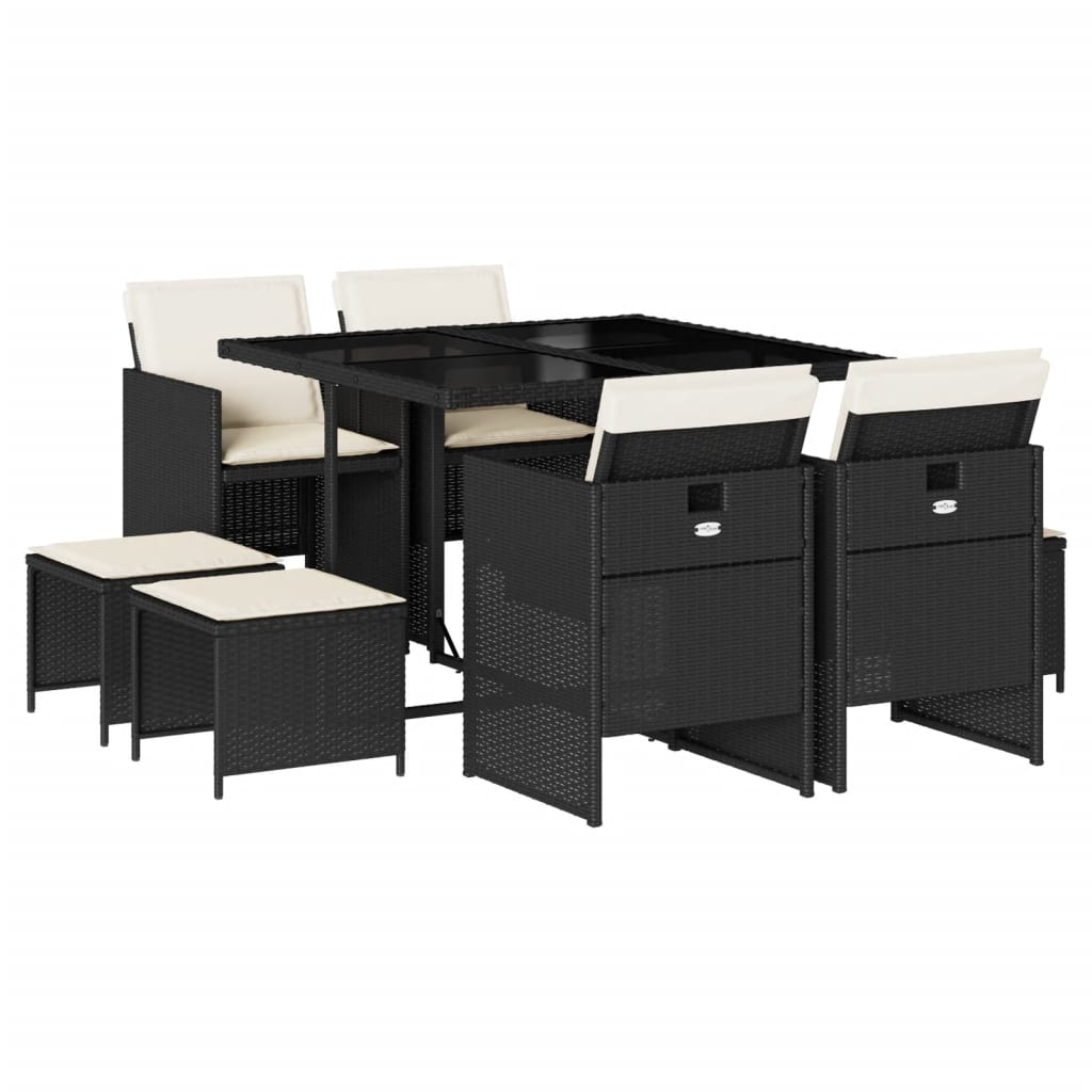 9 Piece Garden Dining Set with Cushions Black - 110×106×73cm