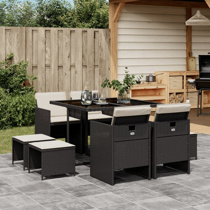 9 Piece Garden Dining Set with Cushions Black - 110×106×73cm