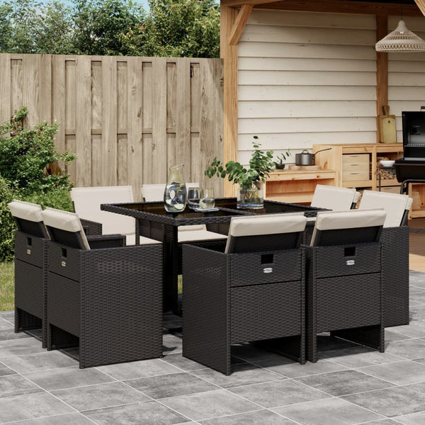  9 Piece Garden Dining Set with Cushions - Black