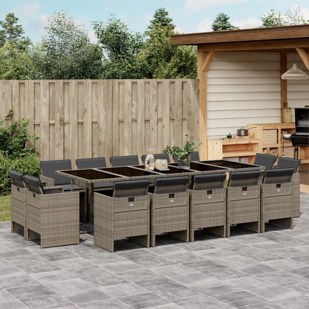 15 Piece Garden Dining Set with Cushions Grey - Poly Rattan