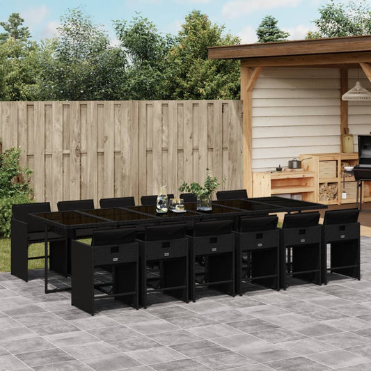 13 Piece Garden Dining Set with Cushions-Black Poly Rattan