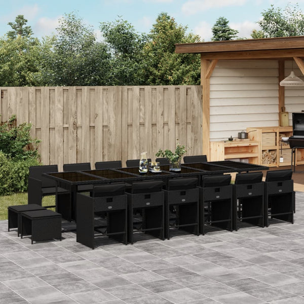  17 Piece Garden Dining Set with Cushions-Black Poly Rattan
