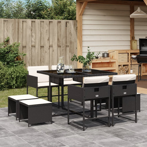  9-Pcs Garden Dining Set with Cushions Black Poly Rattan