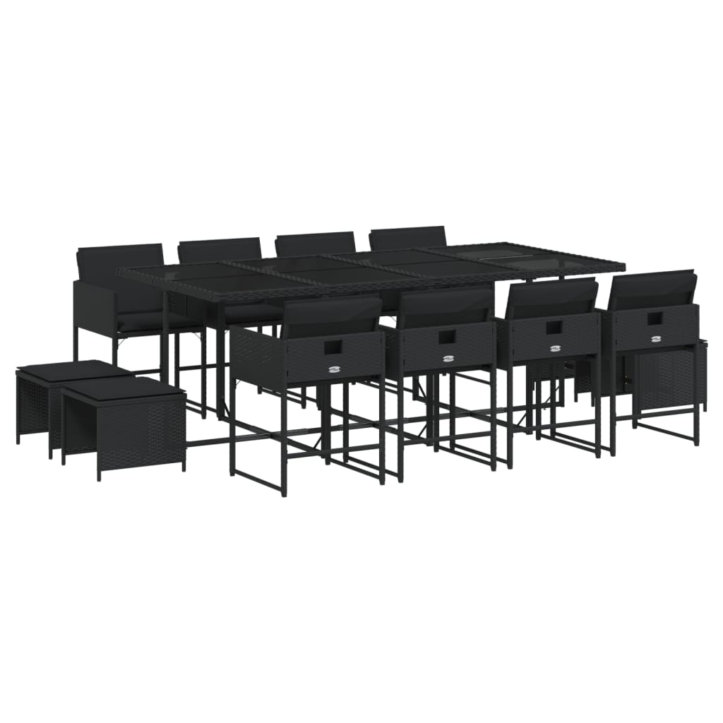 Stylish: 13 Piece Garden Dining Set with Cushions Black Poly Rattan