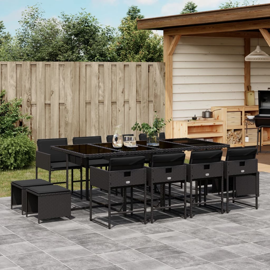Stylish: 13 Piece Garden Dining Set with Cushions Black Poly Rattan