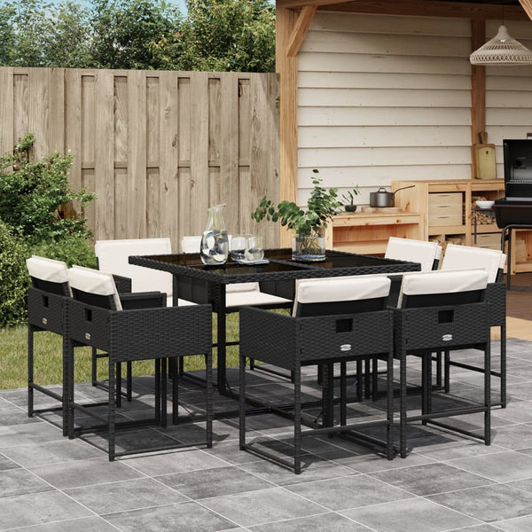  9 Piece Garden Dining Set with Cushions-Black Poly Rattan