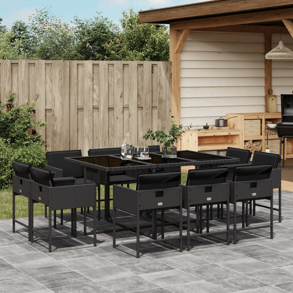  11-Piece Black Poly Rattan Garden Dining Set with Plush Cushions