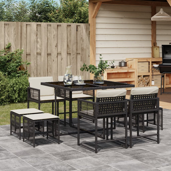  9 Piece Garden Dining Set with Cushions Black