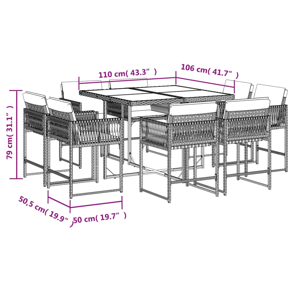 9 Piece Garden Dining Set with Cushions Poly Rattan