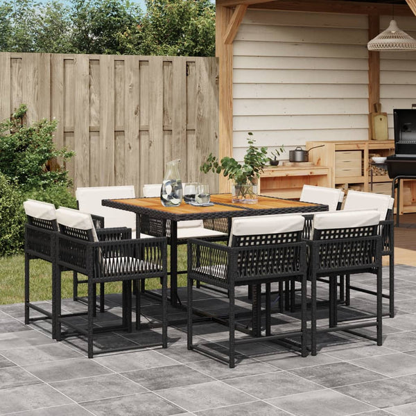  9-Piece Grey Poly Rattan Dining Set with Cushions for Garden