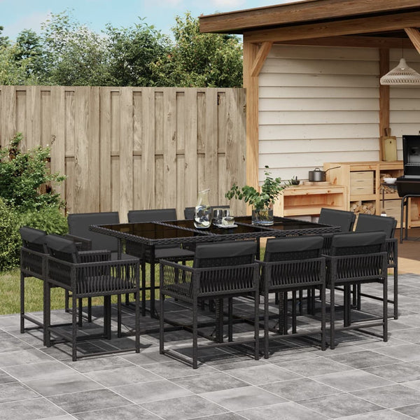  Modern Elegance: 11-Piece Black Poly Rattan Dining Set with Plush Cushions
