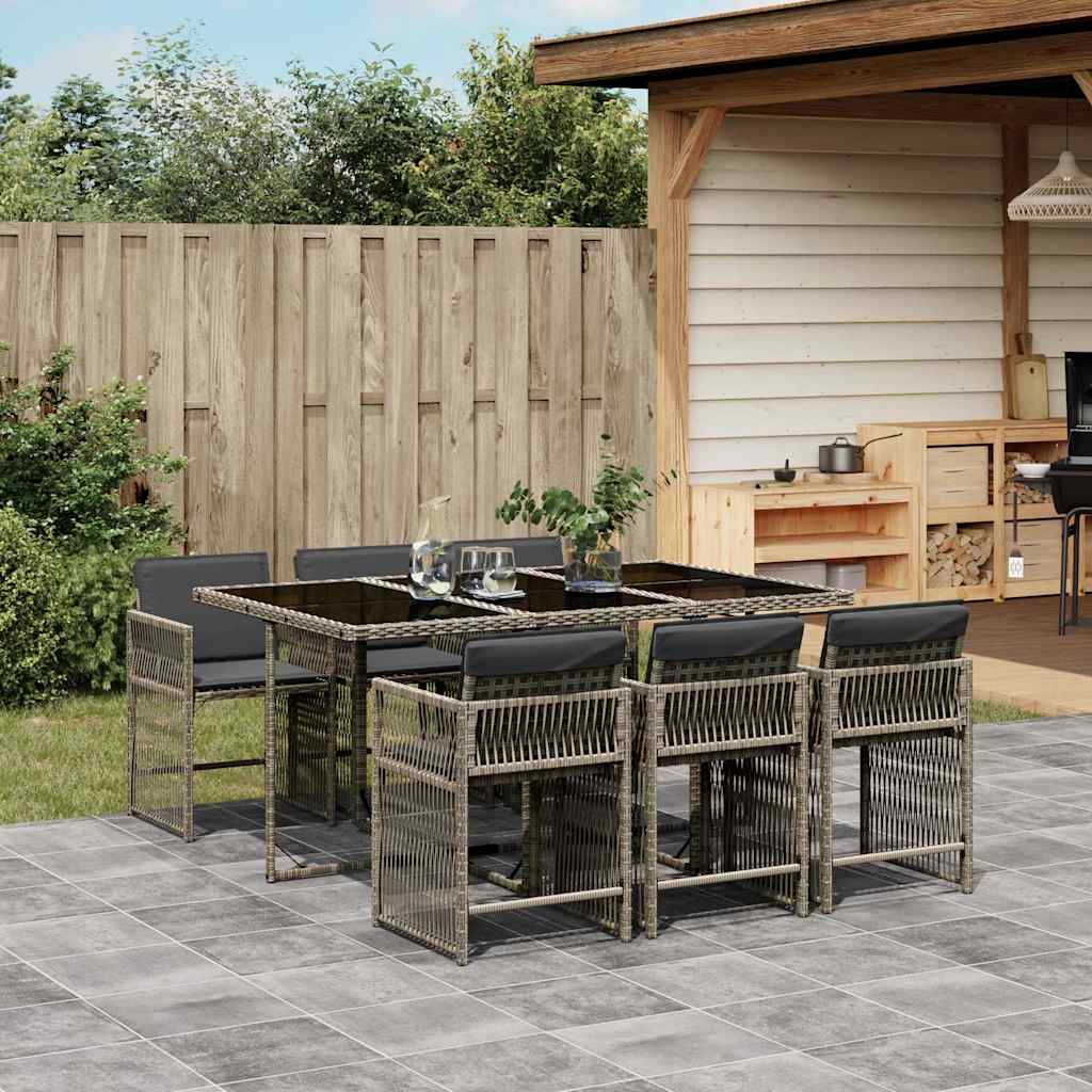 7 Piece Garden Dining Set with Cushions Grey Poly Rattan - 165×106×73cm