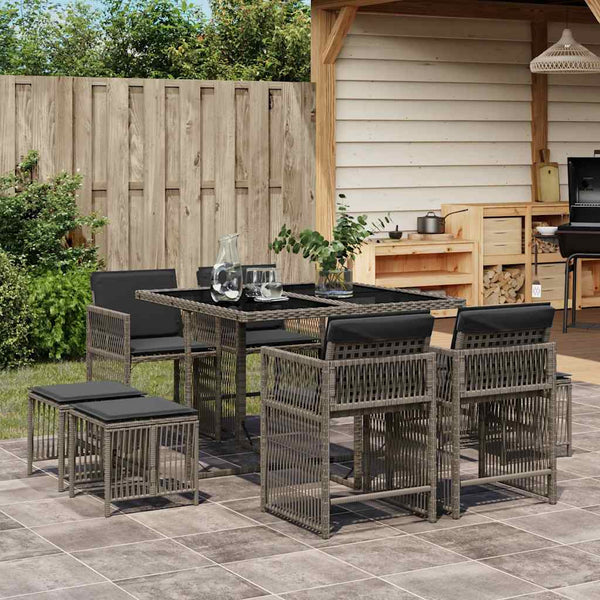  Elegance: 9-Piece Grey Poly Rattan Dining Set with Cushions