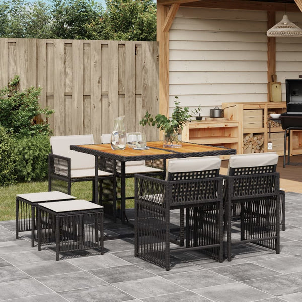  Comfort: 9-Piece Garden Dining Set in Black Poly Rattan with Cushions