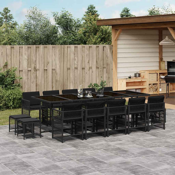  Stylish:15 Piece Garden Dining Set with Cushions Black Poly Rattan