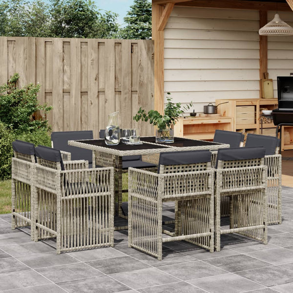  9 Piece Garden Dining Set with Cushions Light Grey Poly Rattan