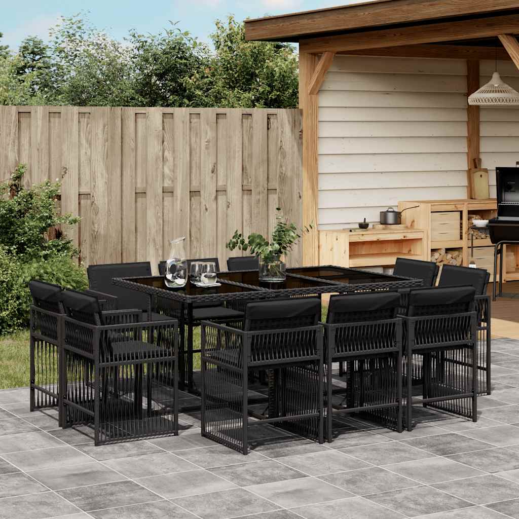 11 Piece Garden Dining Set with Cushions Black Poly Rattan - 165×106×73cm
