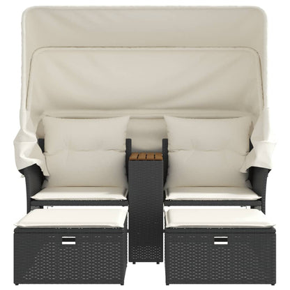 Garden Sofa 2-Seater with Canopy and Stools Black Poly Rattan