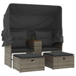 Garden Sofa 2-Seater with Canopy and Stools Grey Poly Rattan